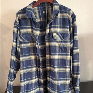 Patagonia Fjord Organic Cotton Navy, Cream & Yellow Plaid Flannel Shirt